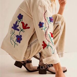 FP Movement by Free People Cream Button Down with Floral Embroidery
